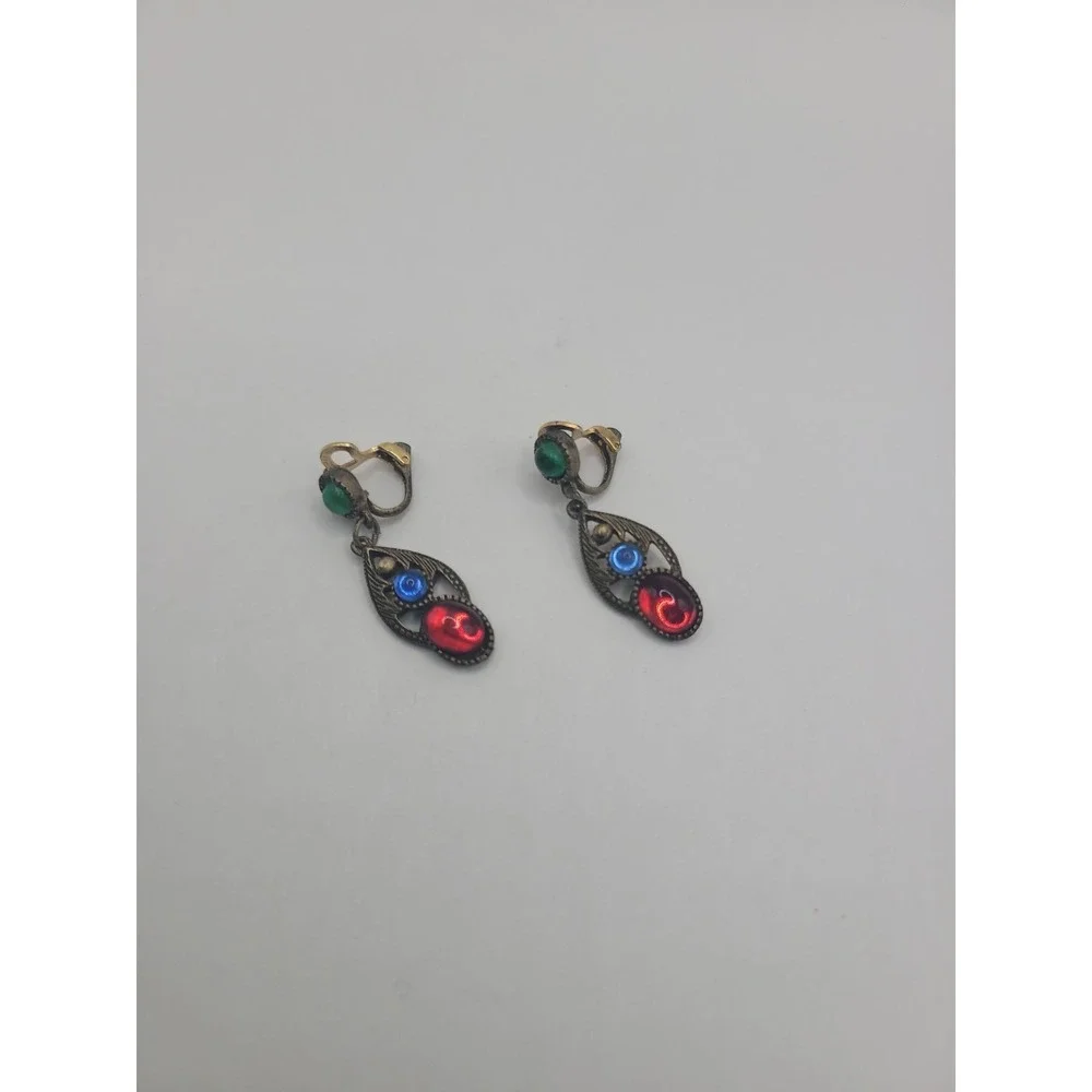 Vintage Multicolor Glass Cabochon Clip On Earrings Red Blue Green Gold Tone Dang